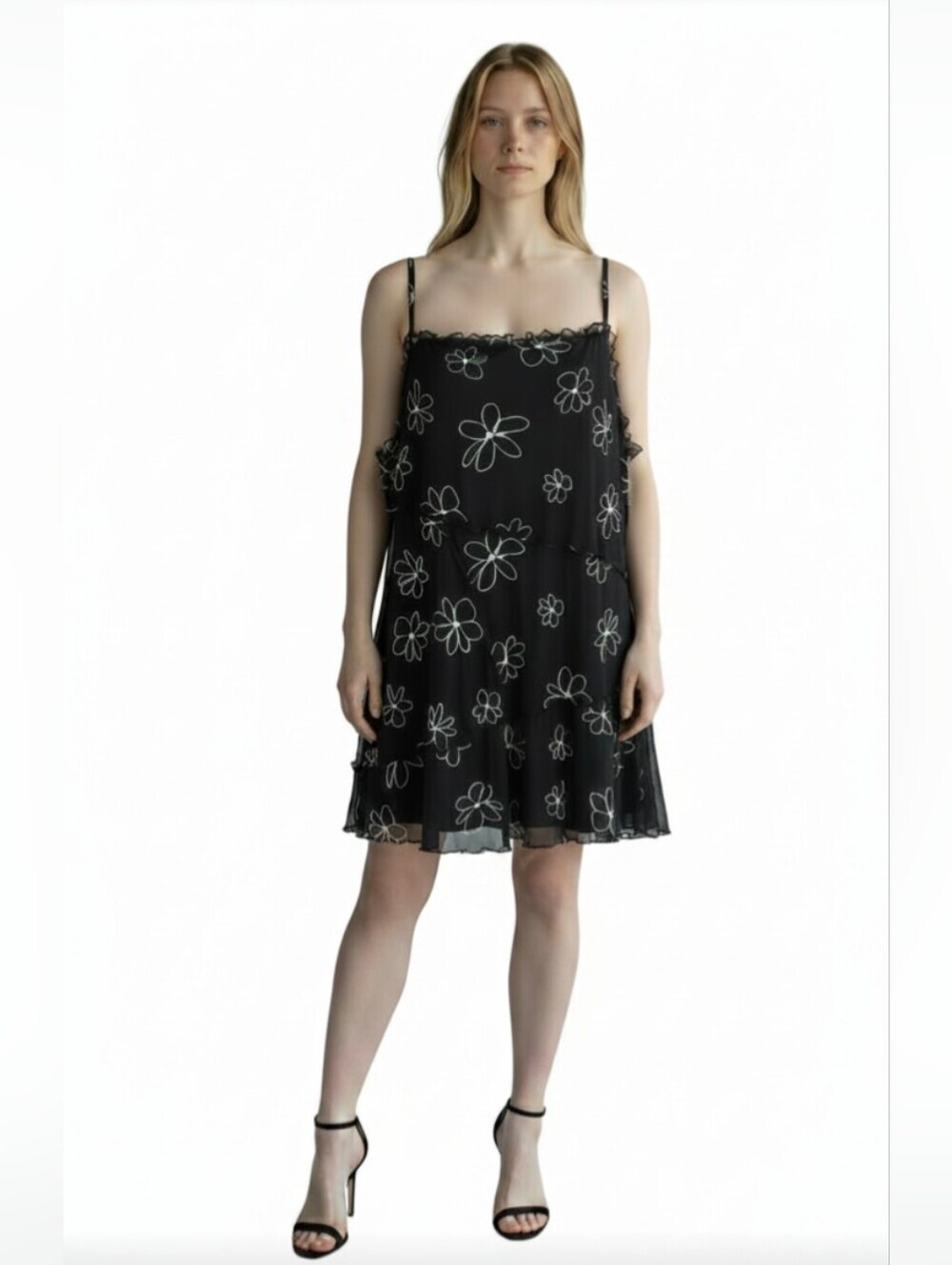 WILD FABLE! BLACK & GRAY FLORAL STRETCH NET ADJ. SPAGHETTI STRAP DRESS! SZ XXL